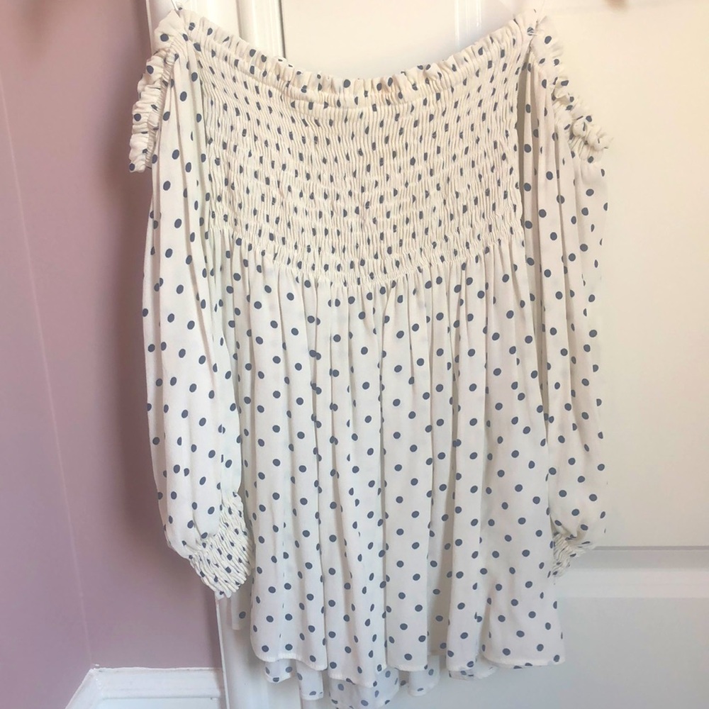 Off the shoulder, long sleeve polka dot blouse